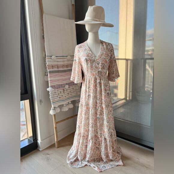 Tuckernuck The Ginger Floral Short Flutter Sleeves Maxi Dress Women’s Size XS - Picture 2 of 9